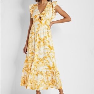 Express yellow printed linen dress with flutter sleeves